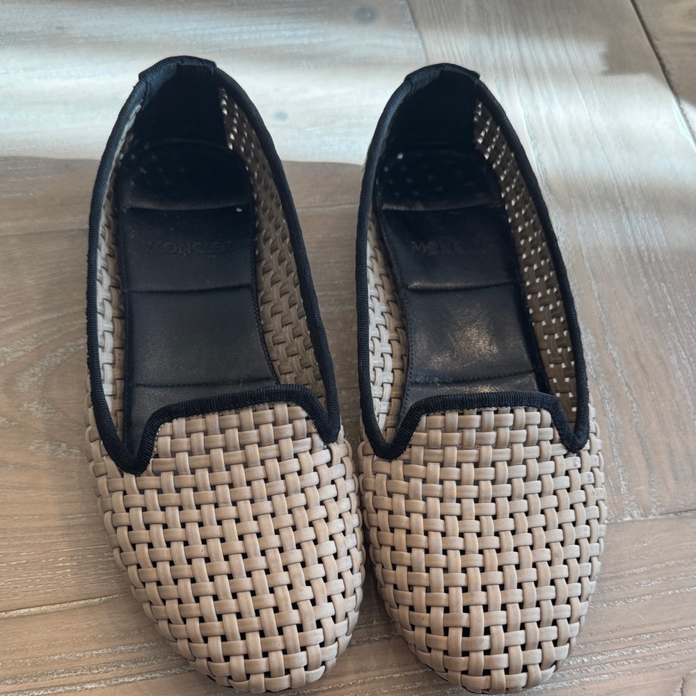 Moncler Beige Woven Slip-On Loafers with Black Trim